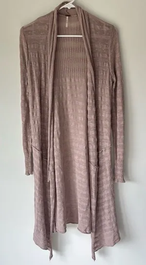 Free People Longline Duster Cardigan Brown Shear Knit Cotton Boho Hippie Flowy thumbnail 1