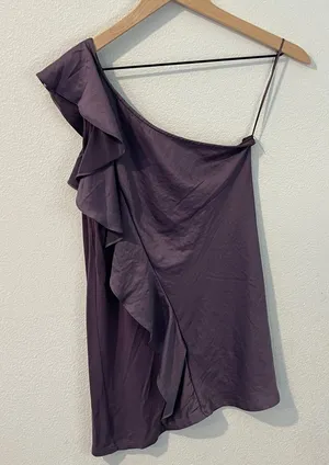 The Limited‎ Purple Satin Ruffle Front Knit Back One Shoulder Blouse Size S thumbnail 1