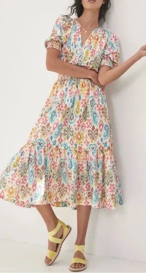 Anthropologie Felipa Maxi Dress Size L Ikat Print‎ Smocked Waist Short Sleeve thumbnail 1