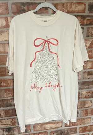 Comfort Colors Cream Tee with Festive Bow Tree Design thumbnail 1