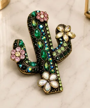 NEW Floral Cactus Rhinestone Brooch Southwest Statement Pin Bag Charm thumbnail 1