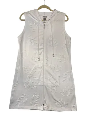 Dotti Womens White Textured Palm Leaf Zip Front‎ Sleeveless Hooded Cover Up M thumbnail 1