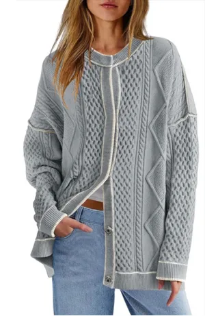 NEW Cable Knit Oversized Cardigan Button Up Striped Sweater S thumbnail 1