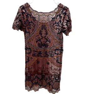 Sundance Dress Lace Sheer Scalloped Cover Up Mini Floral Embroidered Maroon S thumbnail 2