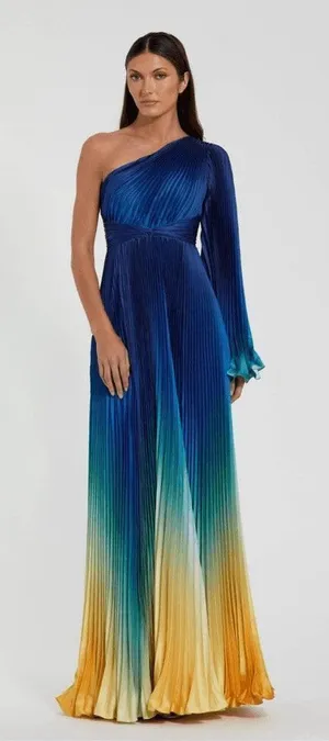 MAC DUGGAL 49903 Blue Ombre Pleated Charmeuse One-Shoulder Gown Dress 4 Flaws thumbnail 1
