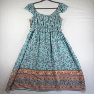 Teal Floral Smocked Midi Dress Womens‎ Medium Boho Flutter Sleeve Peasant V-Neck thumbnail 12