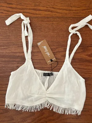 NWT Nasty Gal Crinkle Fringe Hem Bralette Size Crop Top Size Small Size 4 Cream thumbnail 4