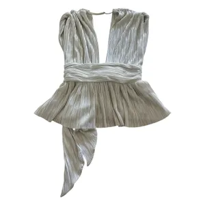 Sabina Musayev Shelby Top Large White Silver Metallic Plisse Deep V-Neck Tie Bow thumbnail 2