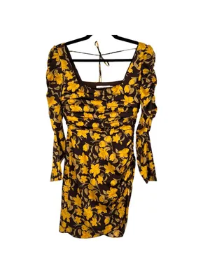 Floret Cottagecore Dark Floral Ruched Square Neck Dress Yellow Brown XS NWOT thumbnail 2