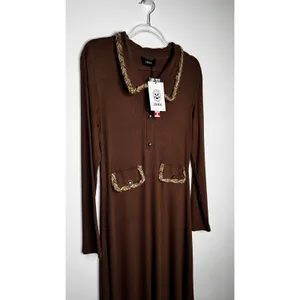 Cider 2020s Brown Ribbed Midi Dress Gold Trim Stretch NWT Large thumbnail 5