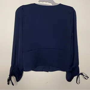 American Eagle Blue Satin V Neck 3/4 Sleeve Button Boho Renaissance Crop Top XS thumbnail 4