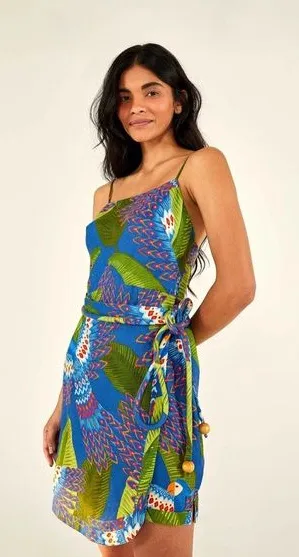 NWT Farm Rio Blue Macaw Mini Wrap Dress Size XS Short Vacation Tropical Cruise thumbnail 1