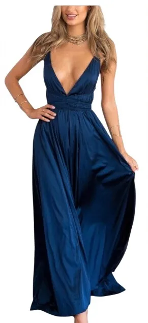 Elegant satin Navy backless Maxi Dress with 10 way back tie options thumbnail 1