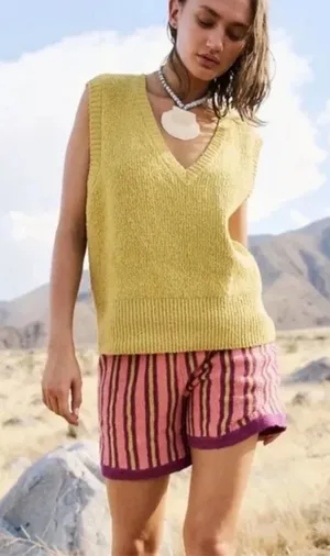 Free People Beach Green Yellow Knit Penny V Neck Sweater‎ Vest thumbnail 1