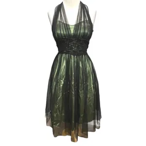 Vintage Y2K Cumbia Dress‎ XS Green Satin Black Mesh Goth Dark Fairy Whimsygoth thumbnail 2