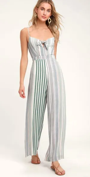 Lulus Promise Sage Green Stripe Romper thumbnail 1
