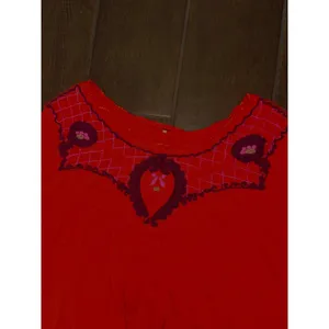 Vintage Embroidered Boho Blouse Large Orange Red Textured Linen Blend Peasant thumbnail 3