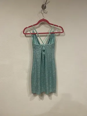 Susana Monaco Dress Womens Small Green Glitter Mesh Cowl Neck Slip Mini thumbnail 5