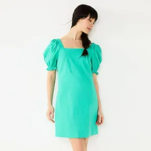 Draper James RSVP Squareneck Puff Sleeve Dress‎ linen blend sz XL bright teal thumbnail 2