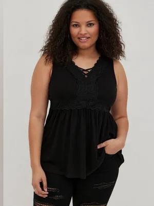 Torrid Black Babydoll Textured Jersey V-Neck Lace-Up Lace Pieced Top - size 1 thumbnail 6