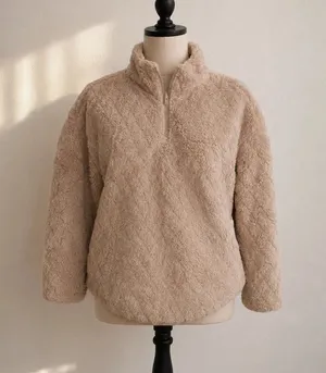 Kensie Women’s S Beige Teddy Sherpa Fleece Quarter Zip Pullover Cozy Soft thumbnail 1