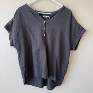 Faherty Women 100% Cotton Gauze Henley Top XL Grey Short Sleeve Casual Chic Boho thumbnail 1
