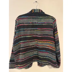 Coldwater Creek Women M Black Multi Color Striped Fringed Knit Artsy Boho Jacket thumbnail 2
