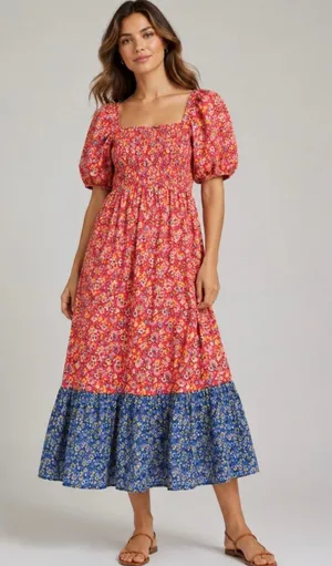 House of Harlow 1960 Smocked Puff Sleeve Floral Midi Dress thumbnail 1