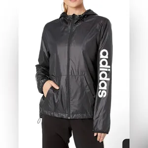 Adidas Women's Linear Windbreaker W/Hoodie, Rain Jacket, Full Zip, Black Size XS thumbnail 2