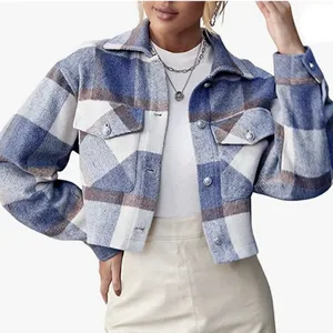 Plaid Print Drop Shoulder Crop Overcoat Size Large Blue thumbnail 1