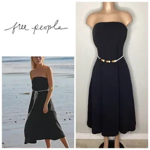 Free People black strapless dress with wood bead belt. Medium. Retails $70 thumbnail 2