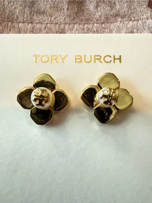 Tory Burch | Gold Plated & Pearl Clover & Logo Stud Earrings thumbnail 1