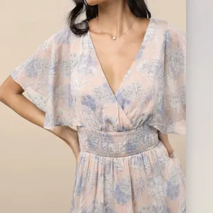 Lulus Subtle Romance‎ Beige Blue Floral Ruffle Flutter Sleeve Midi Dress Size XL thumbnail 2