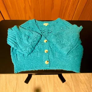 Debut Large‎ Teal Blue Pointelle Knit Cropped Cardigan Sweater V-Neck thumbnail 2