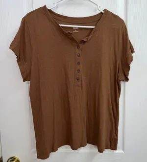 A.N.A. brown Henley 100% cotton short sleeve neutral relaxed casual‎ shirt large thumbnail 1