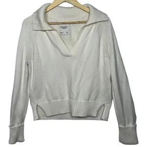 Abercrombie & Fitch Cream Long Sleeve Collared Pullover V-Neck Sweater Size M thumbnail 1