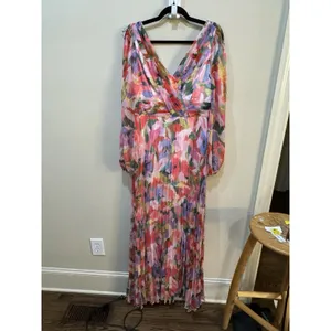 Betsy And Adam Women Watercolor Floral V-Neck Long-Sleeve Dress Pleated Size 10 thumbnail 3