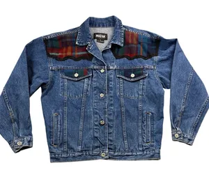 90s Vintage Jean Jacket Denim Trucker Jacket Western Plaid Wool Small thumbnail 1