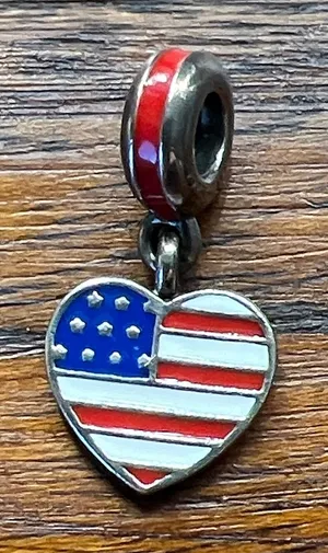 Authentic Pandora Retired USA American Flag Heart Dangle Charm 925 Silver Ring thumbnail 1