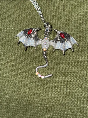 Silver Dragon Wing Pendant Necklace with Red Accent - Women Jewelry thumbnail 4