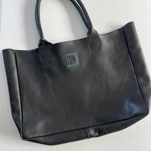 Black Deertan‎ Cowhide Leather Tote Bag Teal Trim Classic Minimalist Purse thumbnail 1