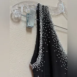 Vintage 90s Black Beaded Midi Dress Asymmetrical Formal Prom Wedding Guest M thumbnail 6