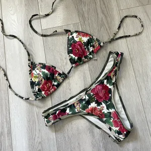 PQ Swim Bikini floral embroidered triangle cheeky womens Green Red (small) beach thumbnail 1