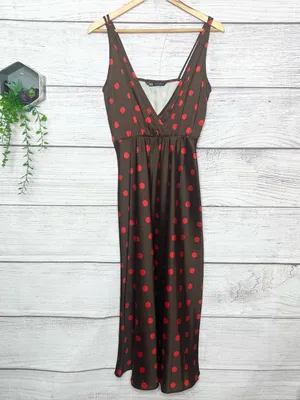 ZARA Brown & Red Polka Dot Sleeveless Midi Slinky Satin Slip Dress Size Small thumbnail 4