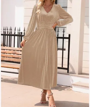 ZESICA Velvet Smocked Waist Midi Dress thumbnail 3