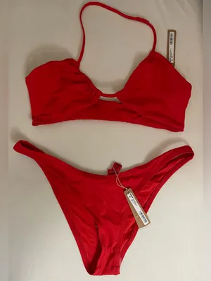 SKIMS 2Pc SET Ruched Halter Triangle Bikini Top& Cheeky Tanga Bottom Ruby Red L thumbnail 1