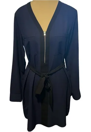 Express Sz S Roll Up Sleeve Dress Black‎ Trim Ribbon Belt Navy Business Casual thumbnail 1