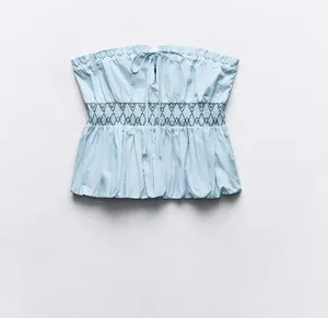 ZARA Strapless Poplin Blue Top thumbnail 2