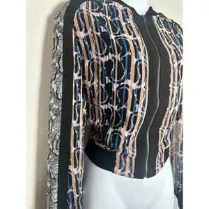 BCBGMAXAZRIA Harrison Mixed Print Bomber Jacket - Blue & Tan Abstract‎ - XS thumbnail 4