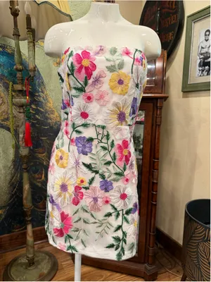 Floral Embroidered Lace Mini Dress Size S Strapless Colorful Mesh Overlay Weddin thumbnail 4